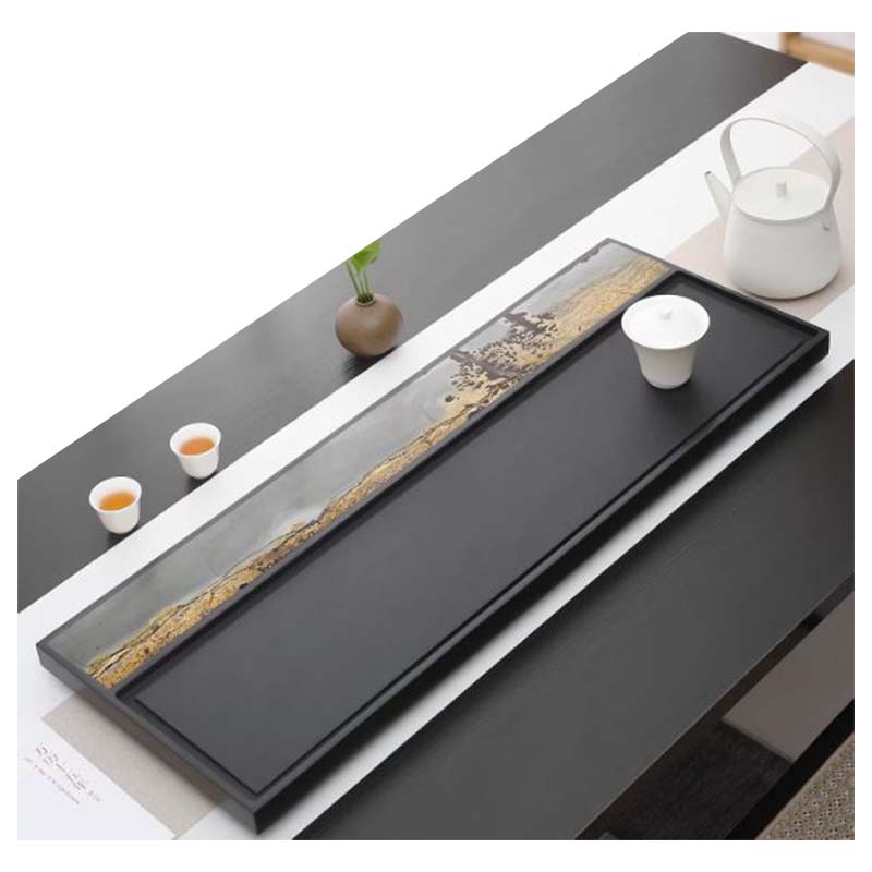 天然乌金石茶盘可排水天然国画石-鵬程50*30*3cm高清大图