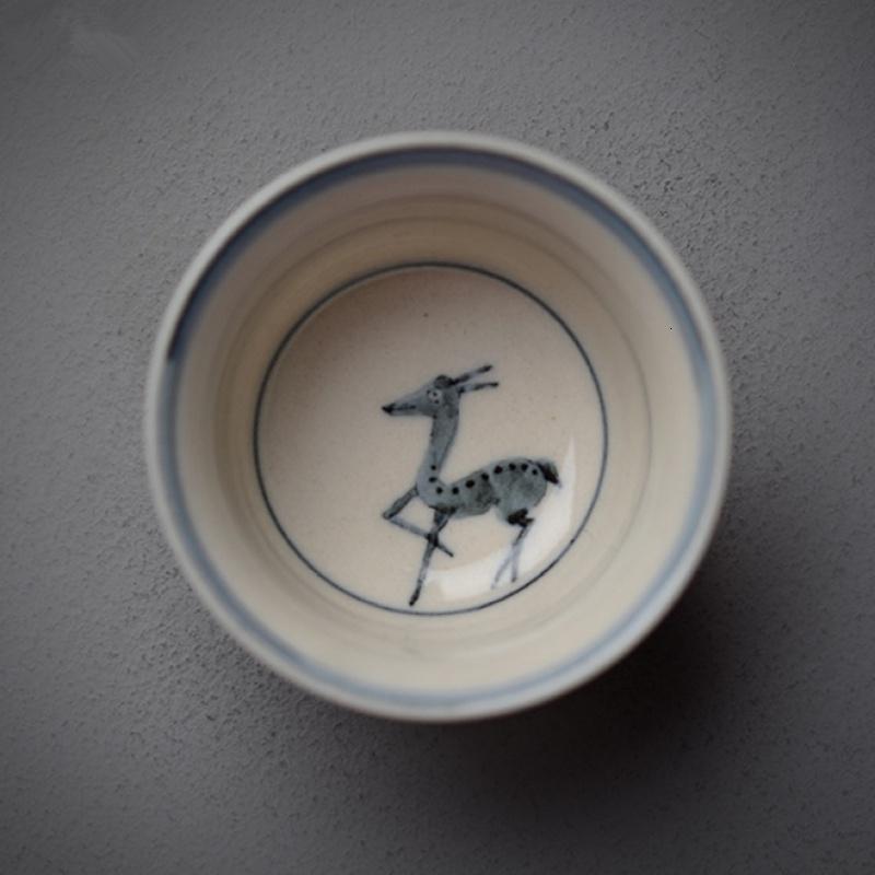 民窑仿古青花玄纹君子茶杯木灰釉品茗杯双线瑞兽图主人杯茶盏_316