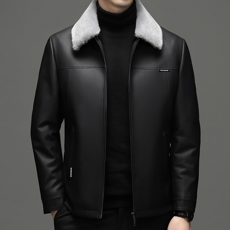 2025春秋新款高端皮羽绒服男翻领海宁真皮羽绒男大码男装外套可拆卸内胆羽绒服男皮衣男士商务大码真皮皮草外套男防寒服 9169真皮连帽送真狐狸毛领 XL/180