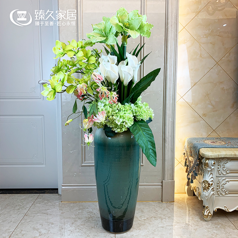 景德镇陶瓷花瓶摆件客厅插花酒店玄关欧式落地大花瓶干花装饰摆件 三维工匠 02款花+70CM翡翠绿(温婉可人)