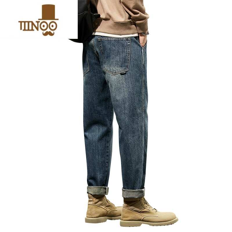 YANXU直筒牛仔裤男士美式复古潮牌宽松大码工装九分休闲长裤子2023高清大图