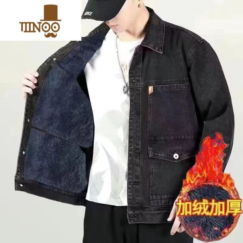 YANXU加绒加厚牛仔外套男保暖耐磨挡风冬季中年男士大码宽松牛仔衣夹克图片