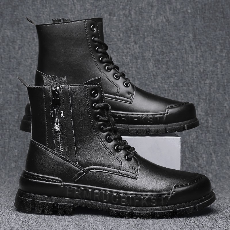 述雅网红马丁靴男侧拉链冬季百搭英伦风机车靴户外黑色高帮皮靴男