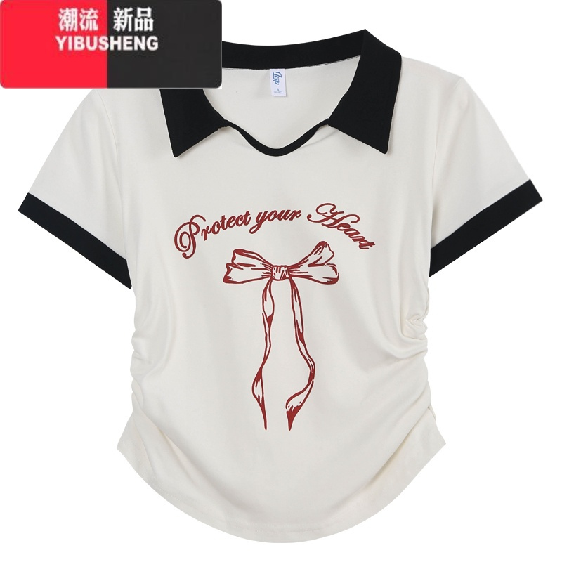 YIBUSHENGPOLO领T恤女季2024新款黑色印花打底衫修身百搭简约短袖上衣ins