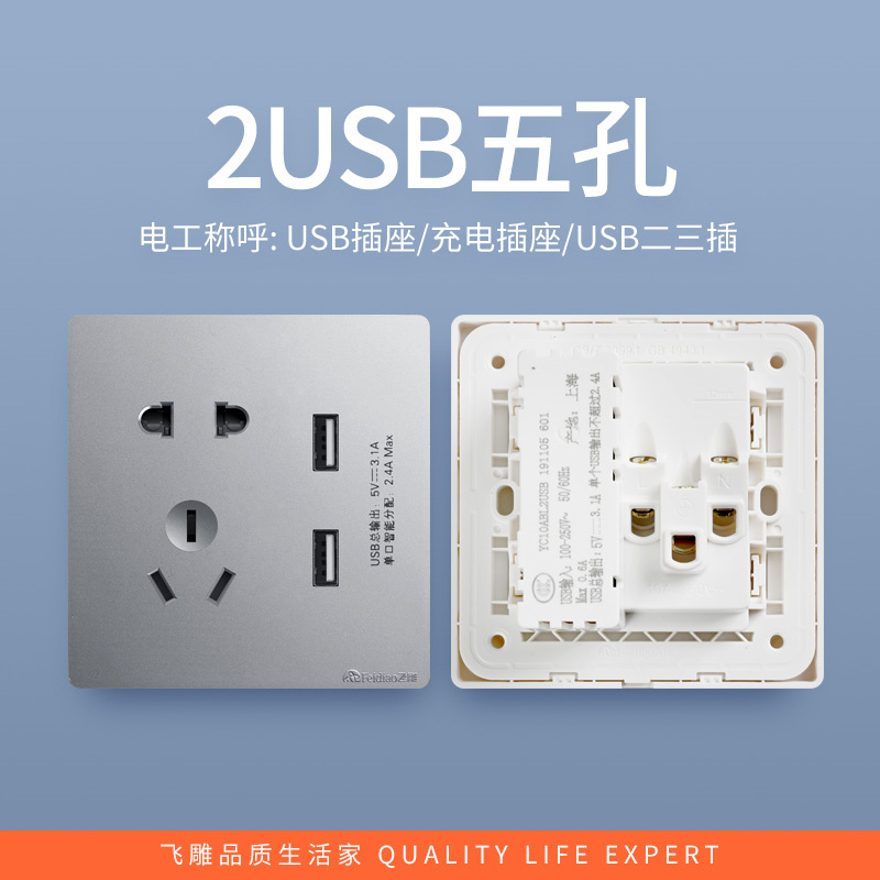 飞雕(FEIDIAO)开关插座面板 86型暗装五孔带2USB 家用商用插座面板 A7月光银五孔带二位USB 3.1A