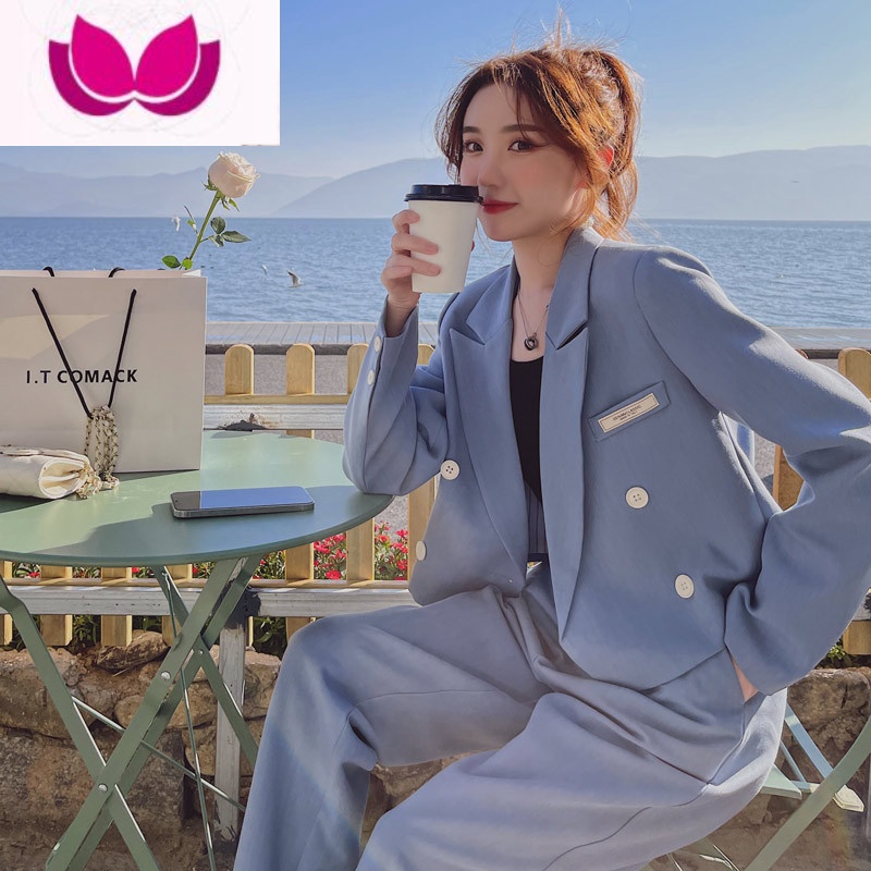 七斓盐系炸街西装套装女春2023年新款学院风小个子减龄西服裤装院 S 蓝色