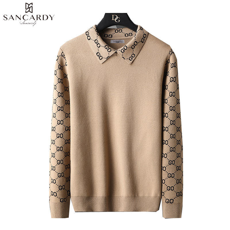 圣吉卡丹2021年秋冬季韩版假两件百搭休闲翻领毛衣男针织衫打底