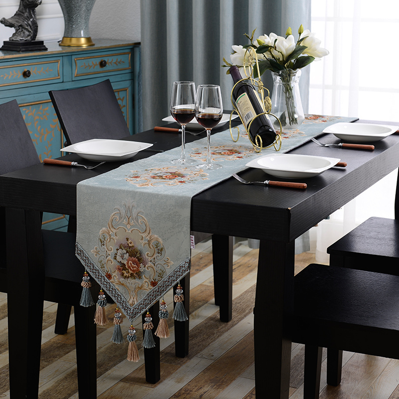 家柏饰(CORATED)欧式桌旗布艺餐桌装饰布美式电视柜斗柜鞋柜桌布茶几流苏长条 舒曼尔-蓝色 桌旗32*240cm