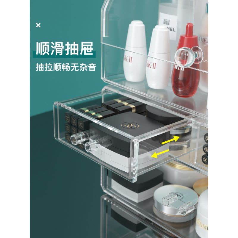 梳妆台化妆架化妆品口红护肤品收纳盒子化妆盒防尘桌面收纳置物架 透明白[抽屉款]+[大平顶][加大一体款]图片