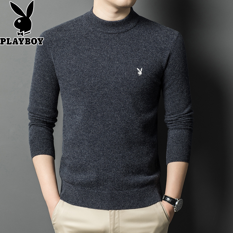 花花公子2024秋冬新款纯羊毛衫男中年爸爸加厚毛衣针织打底衫 中灰色 175