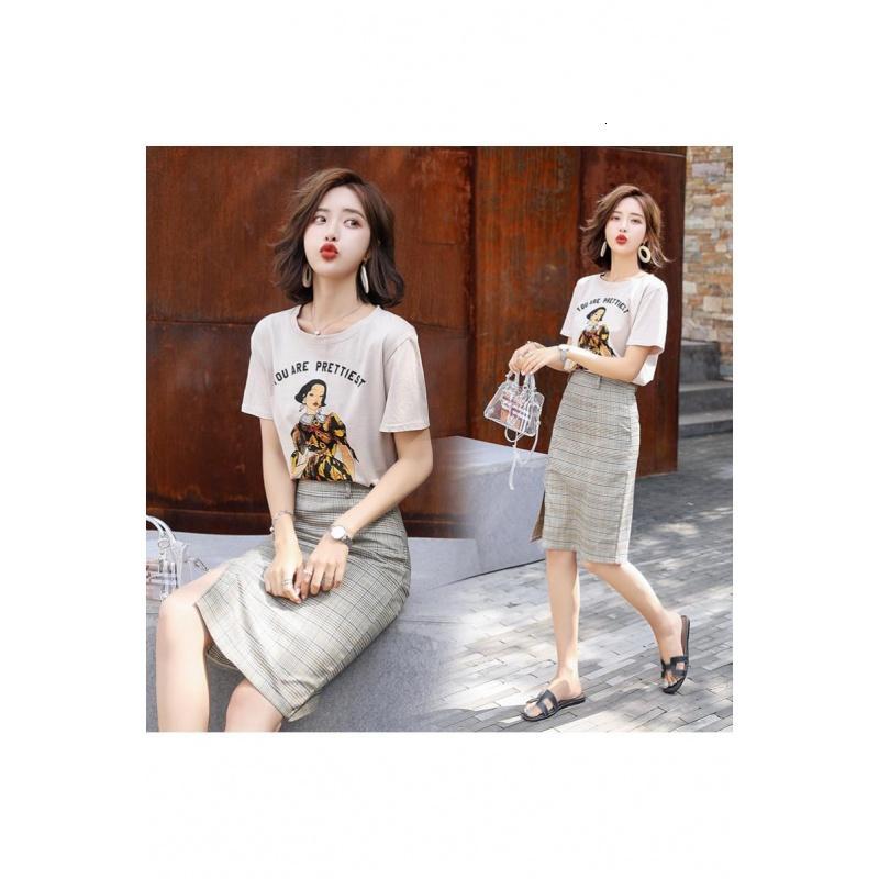 夏款套装裙女女士新品气质淑女时尚印花T恤包臀半身裙两件套女装