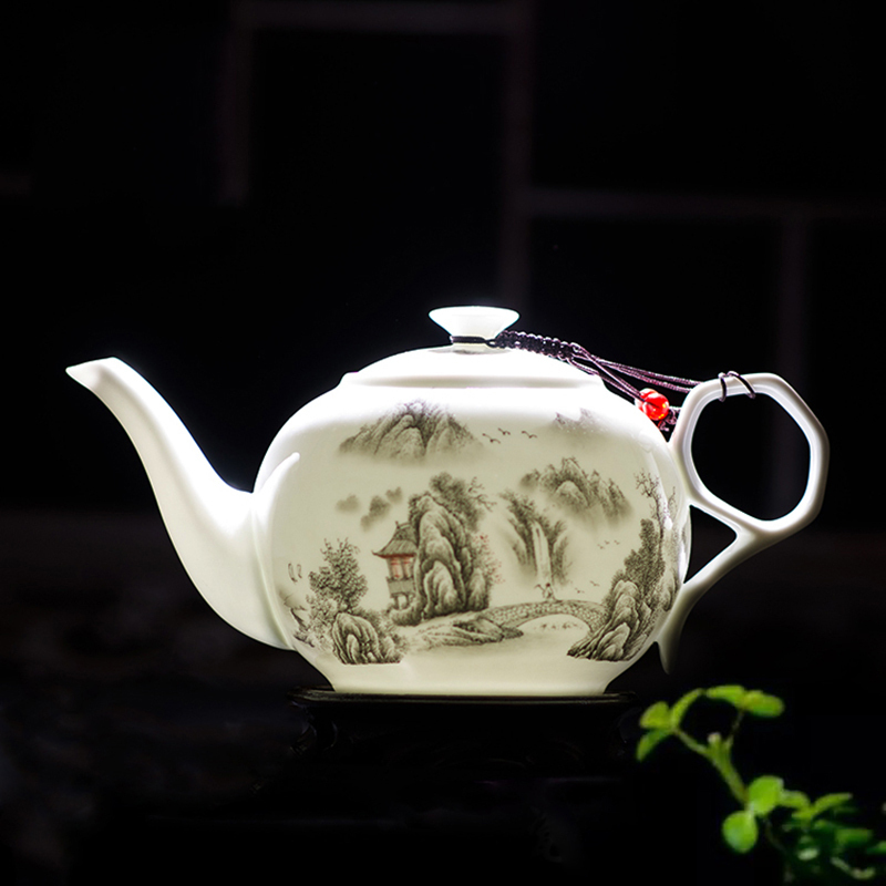 瓷物语CIWUYU家用茶具1000ML 陶瓷大茶壶单壶耐热防暴景德镇青花瓷薄胎瓷(山水一壶六杯 )