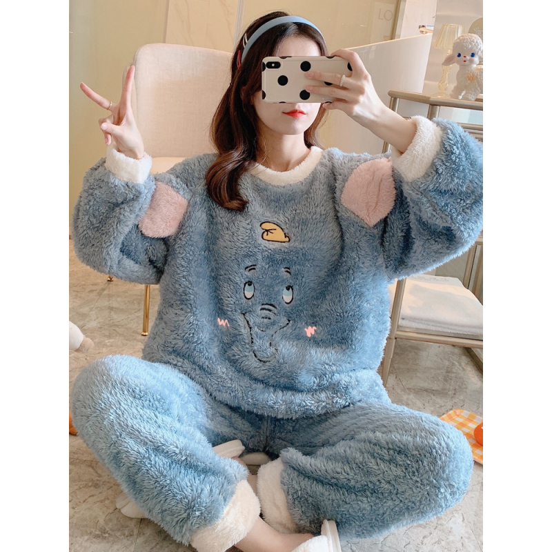 可莉允睡衣女秋冬可爱小熊珊瑚绒大码胖MM200斤加厚加绒冬季家居服套装睡衣