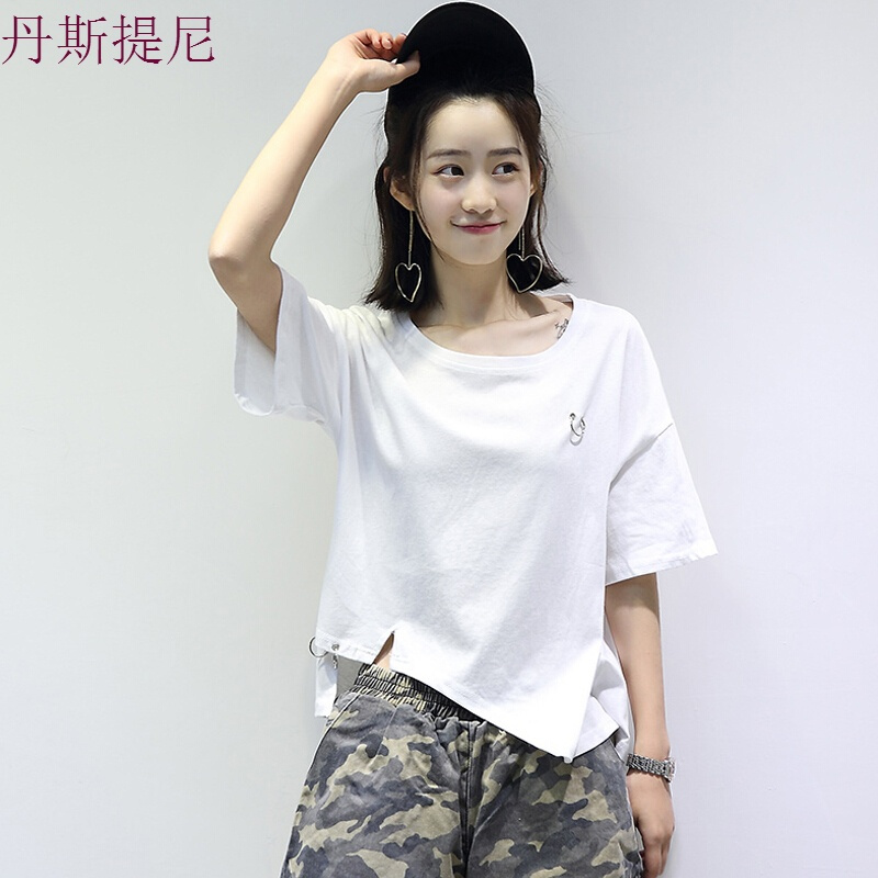 韩版ulzzang宽松百搭学生白色短袖女2018韩范不规则上衣夏白色