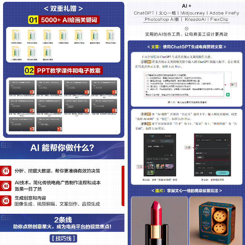 [正版]赠教学视频 AI设计 PS电商美工 文案绘图 抠图修图 场景合成 视频制作 AI绘画关键词 电商美工AI设计制高清大图