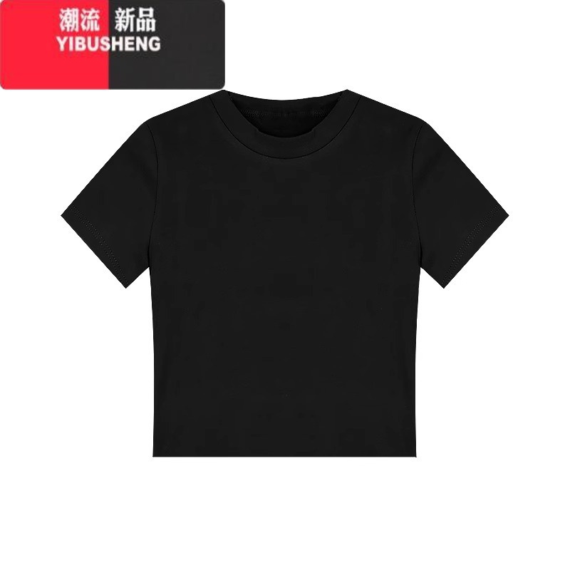 YIBUSHENG黑色正肩圆领t恤女简约基础款上衣季修身美式辣妹短款chic短h高清大图