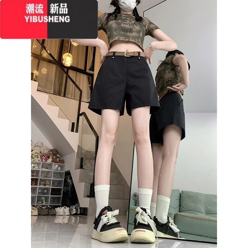 YIBUSHENG复古纯色直筒休闲裤女2024季设计感小众高腰阔腿裤短裤