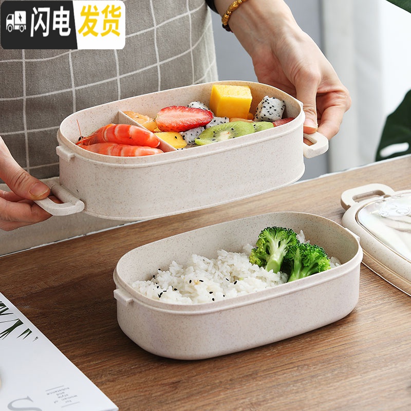 三维工匠日式餐盒套装上班族便当饭盒塑料带盖便携微波炉专用便当盒分格 单层饭盒+条纹袋[蓝色]高清大图