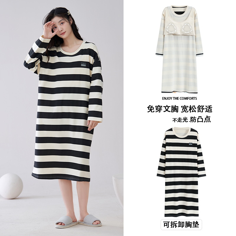 亦绚(YIXUAN)秋季条纹长袖睡裙女圆领套头带胸垫纯棉可外穿青年女士睡衣裙子862FC351高清大图