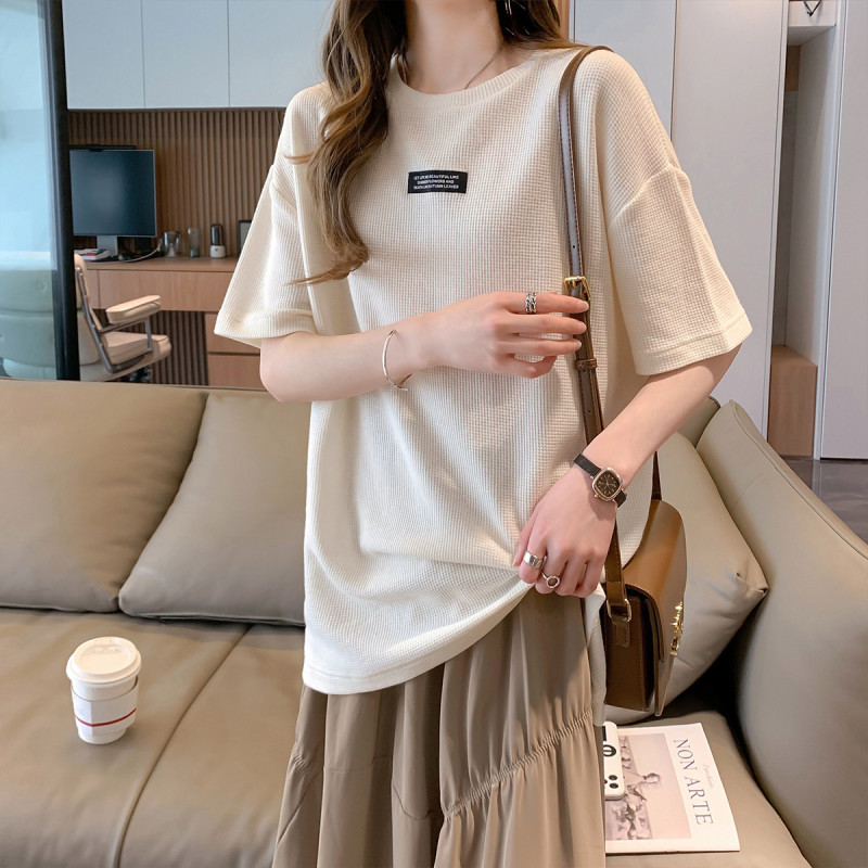 唐狮清凉夏季t恤女新款小众设计感华夫格织标上衣宽松小衫ins