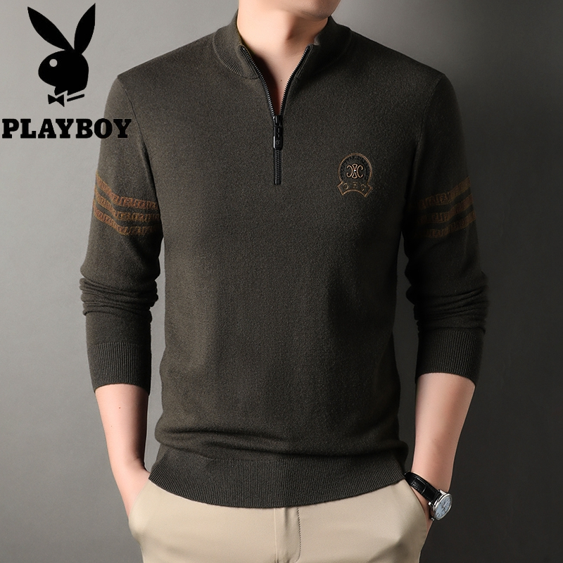 花花公子男装服装100羊毛衫男立领毛衣男士针织衫加厚上衣冬新款