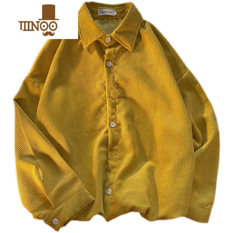 YANXU秋季潮牌长袖衬衫男设计感小众灯芯绒宽松寸衫韩版港风in潮绒AX高清大图