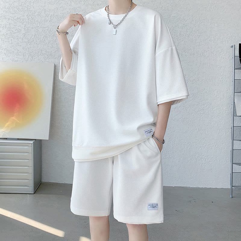 华夫格休闲套装男夏季冰丝短袖t恤 男装一套搭配帅气潮牌运动衣服Wsng图片