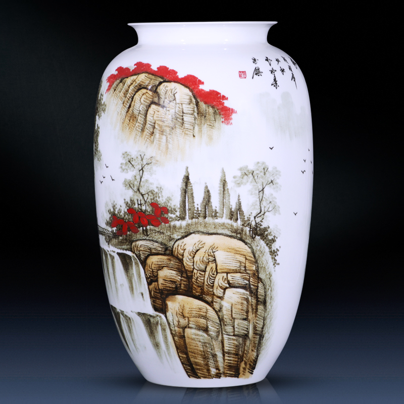 三维工匠德镇陶瓷器落地大花瓶摆件大号插花中式家居客厅装饰品手绘瓷瓶 三维 少秋作品-青花瓷《松山阁楼》腰鼓瓶+送旋转底座高清大图