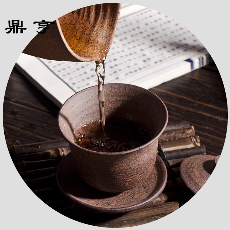 鼎亨 全手工原矿粗陶老岩泥 台湾柴烧大号三才茶碗茶杯盖碗