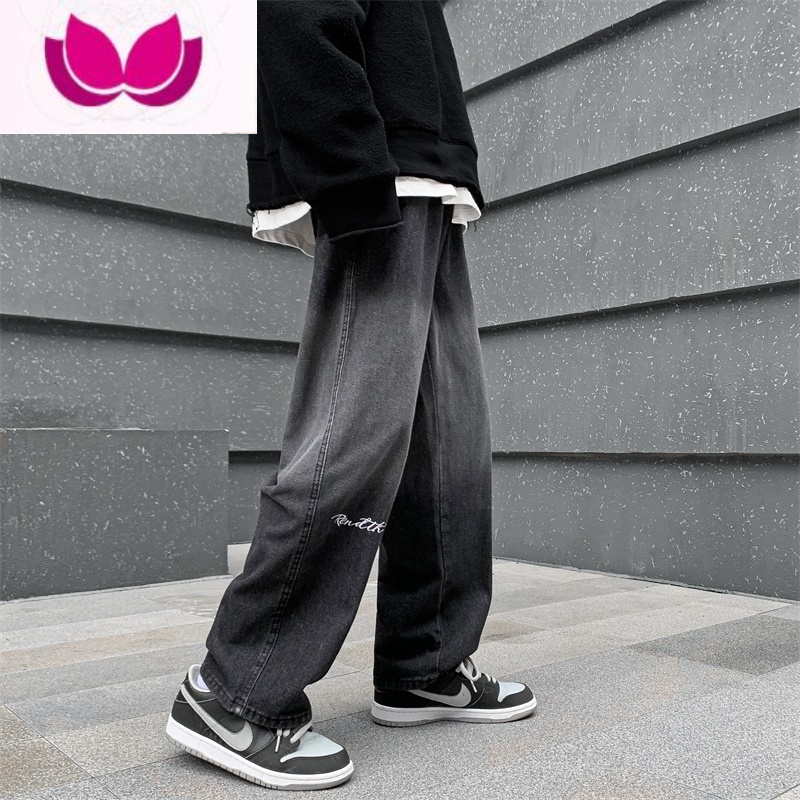 七斓美式高街牛仔裤男嘻哈宽松直筒ins潮牌渐变撞色阔腿痞帅休闲长裤