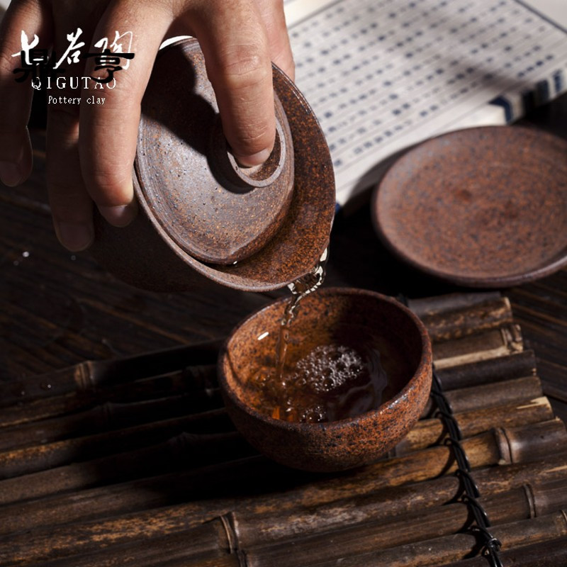 鼎亨 全手工原矿粗陶老岩泥 台湾柴烧大号三才茶碗茶杯盖碗