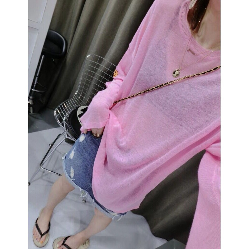 冰丝防晒衫女夏中长款大板宽松纯色百搭微透长袖小心机针织衫女装西瓜红均码