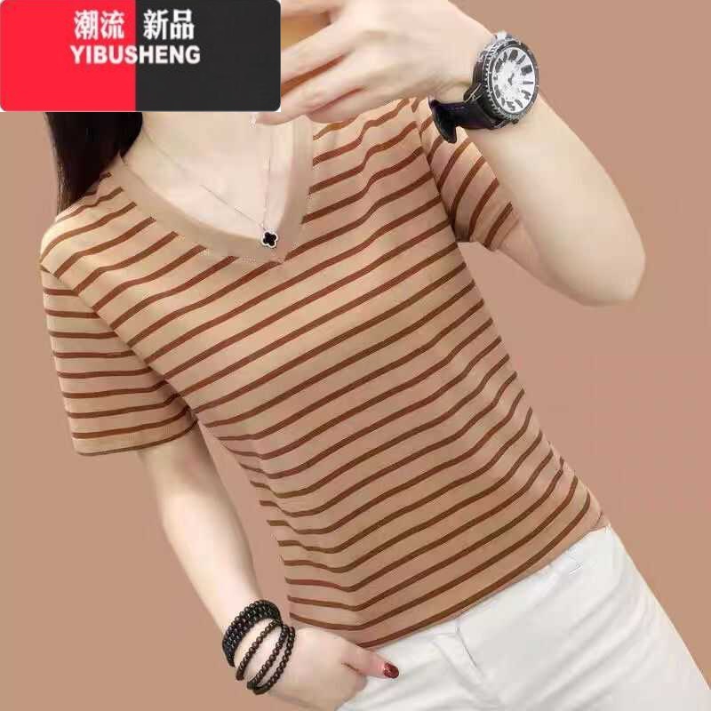 YIBUSHENG2024装新款V领短袖t恤女宽松上衣服中年妈妈半袖条纹小衫高清大图