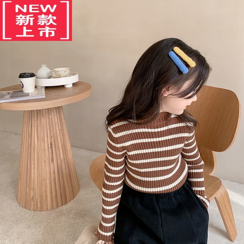 可莉允儿童撞色条纹半高领高弹针织上衣秋冬男童女童中领打底毛衣图片