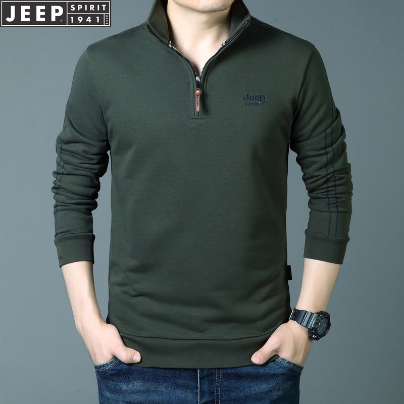 jeepspirit吉普男士半拉链立领t恤长袖套头polo衫宽松秋季纯色男装