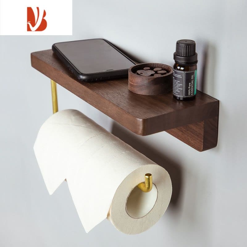 三维工匠免打孔实木卫生间北欧厕所纸巾架卷筒纸巾盒厕纸手纸置物架 小号榉木凹槽款拉丝金卷纸架 送免钉胶打孔配件图片