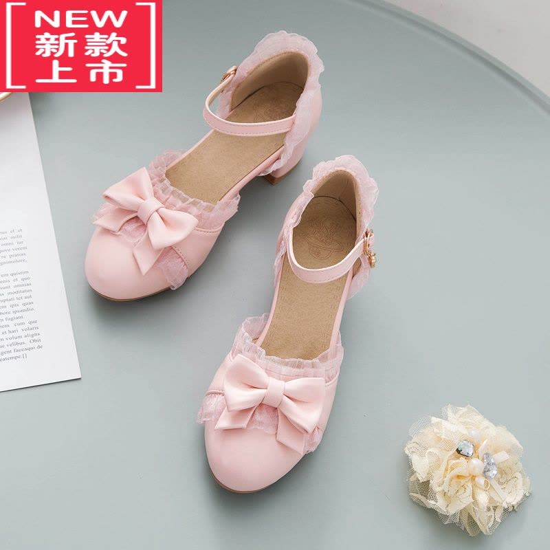 可莉允圆头粗跟大童高跟鞋白色凉鞋公主鞋女童蝴蝶结儿童鞋小女孩皮鞋运动休闲鞋图片