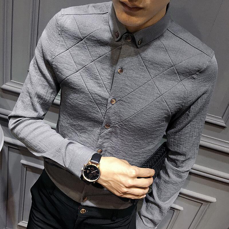 18款韩版棉麻修身男士长袖衬衫潮流紧身帅气寸衣休闲上衣