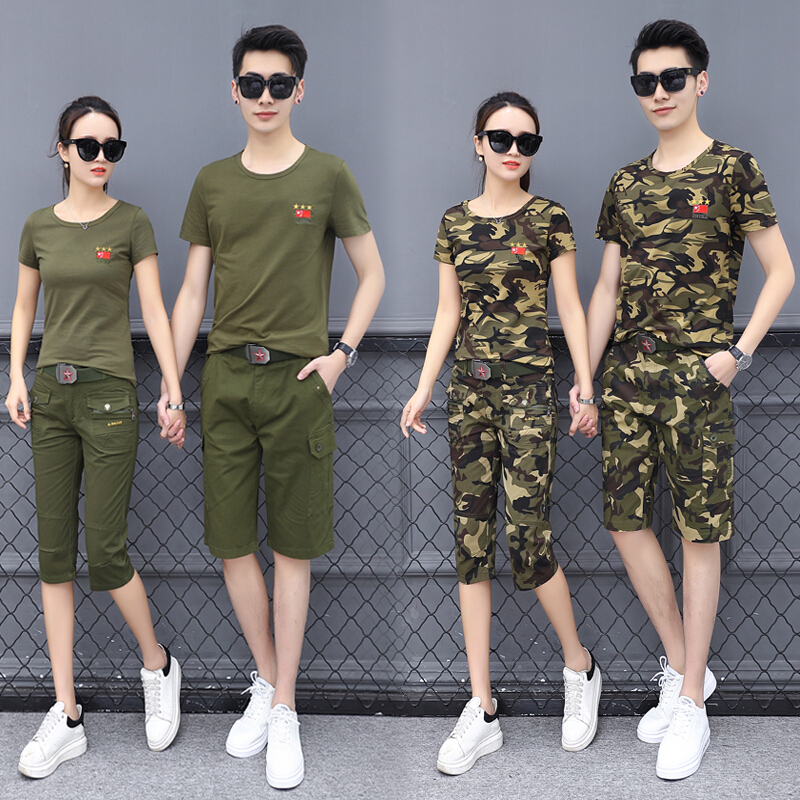 迷彩套装女夏季新款修身显瘦情侣短袖短裤中裤休闲运动服两件套男
