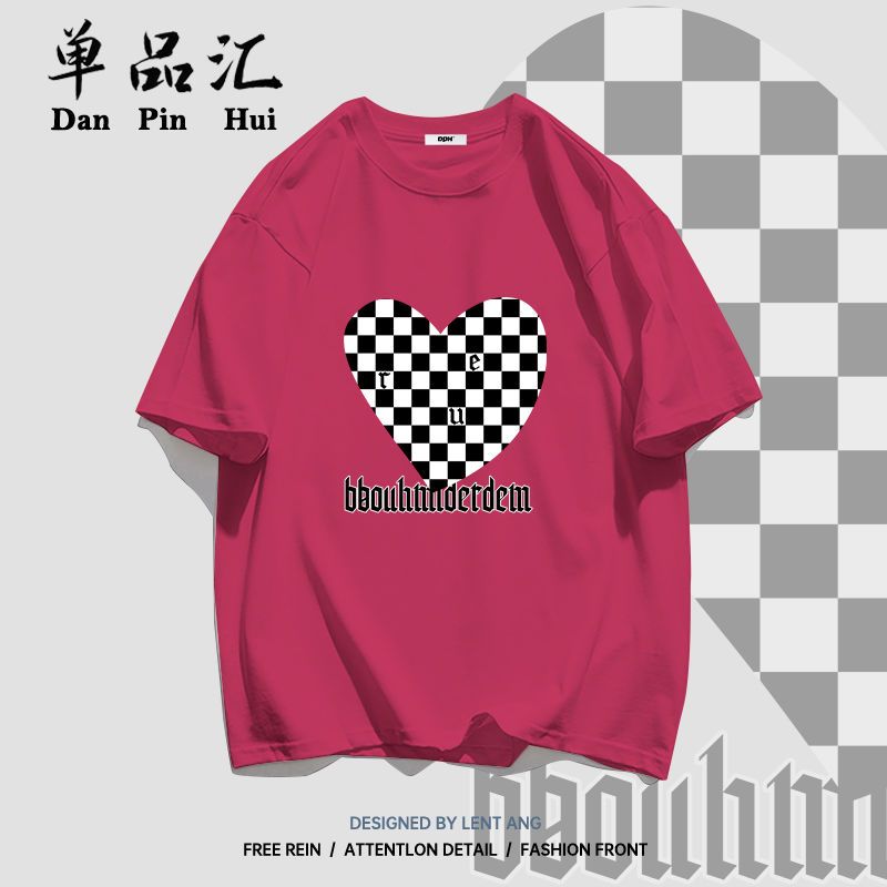 单品汇 纯棉T恤女学生夏季短袖新款棋格爱心印花百搭宽松慵懒上衣