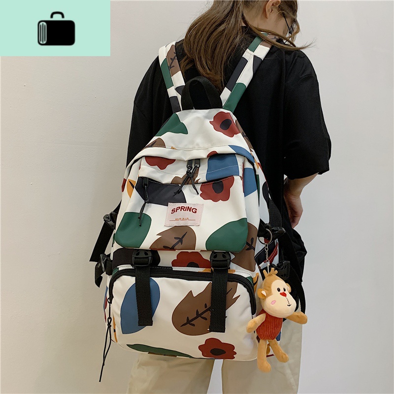 ins风书包女韩版时尚高中大学生背包原宿ulzzang潮牌初中生双肩包NEWLAKE 白色带挂件