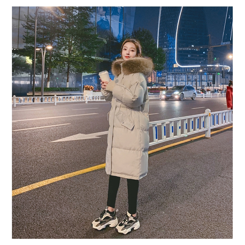 冬季外套2025新款宽松棉衣女中长款加厚学生羽绒棉服韩版过膝棉袄 石灰白（毛领可拆卸） M