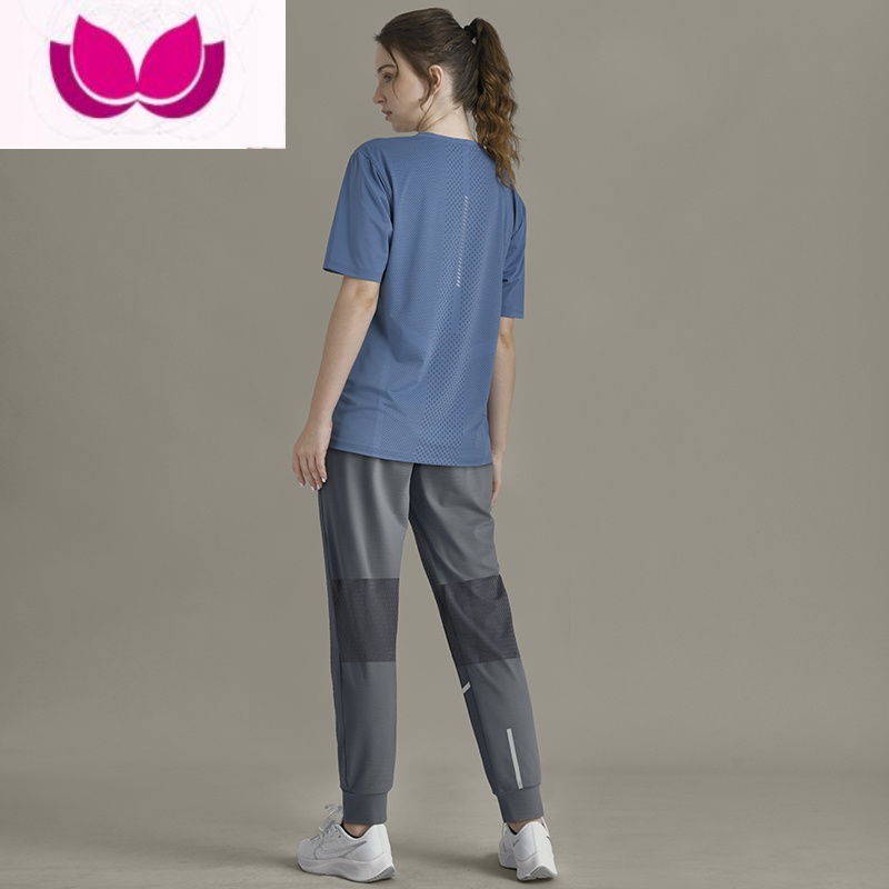 七斓运动套装女士速干衣夏季冰丝休闲薄款大码宽松短袖长裤健身跑步服 蓝灰套装 M