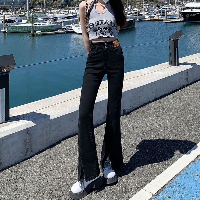 卡丹路黑色牛仔喇叭裤女韩版2022夏季新款弹力直筒阔腿开叉拖地裤