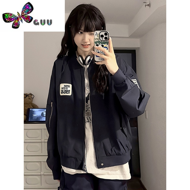 语娄美式复古棒球服外套女2023新款百搭宽松短款中性风飞行员夹克