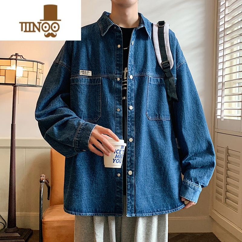 YANXU牛仔外套男宽松工装夹克美式潮牌复古痞帅翻领水洗衬工高清大图