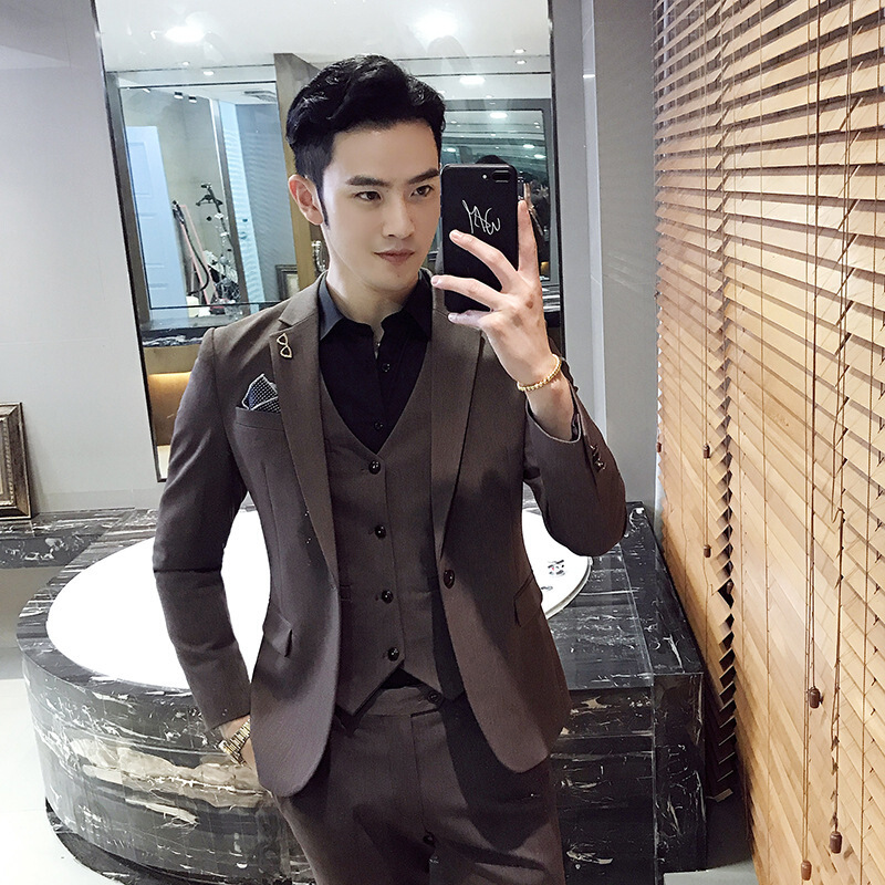 西服套装男士夏季三件套韩版修身弹力正装休闲小西装新郎结婚礼服