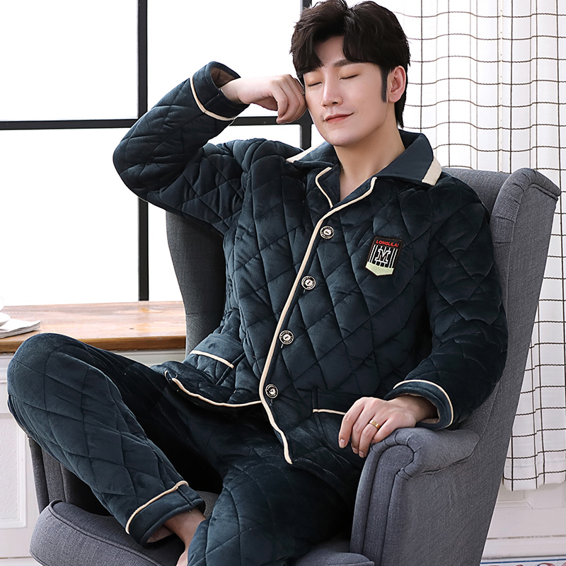 恋名媛男士睡衣冬季加厚加绒三层夹棉珊瑚绒法兰绒秋冬款保暖家居服