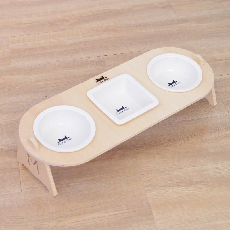 宠物餐桌斜口保护颈椎陶瓷猫碗猫咪食盆狗饭碗猫粮双碗狗狗碗用品 陶瓷三碗(1方+2圆)+餐桌架 适用猫咪或小型犬