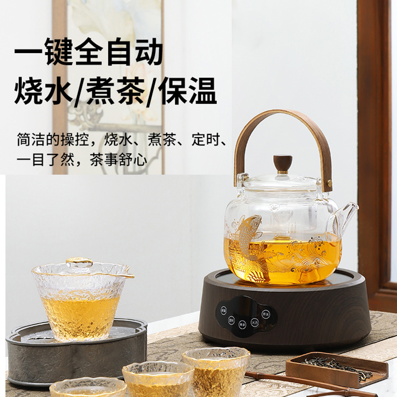 乐么电陶炉新款煮茶器家用多功能迷你小型电磁炉电热烧水煮茶炉[绿色单炉+C款高硼玻璃壶580ML]